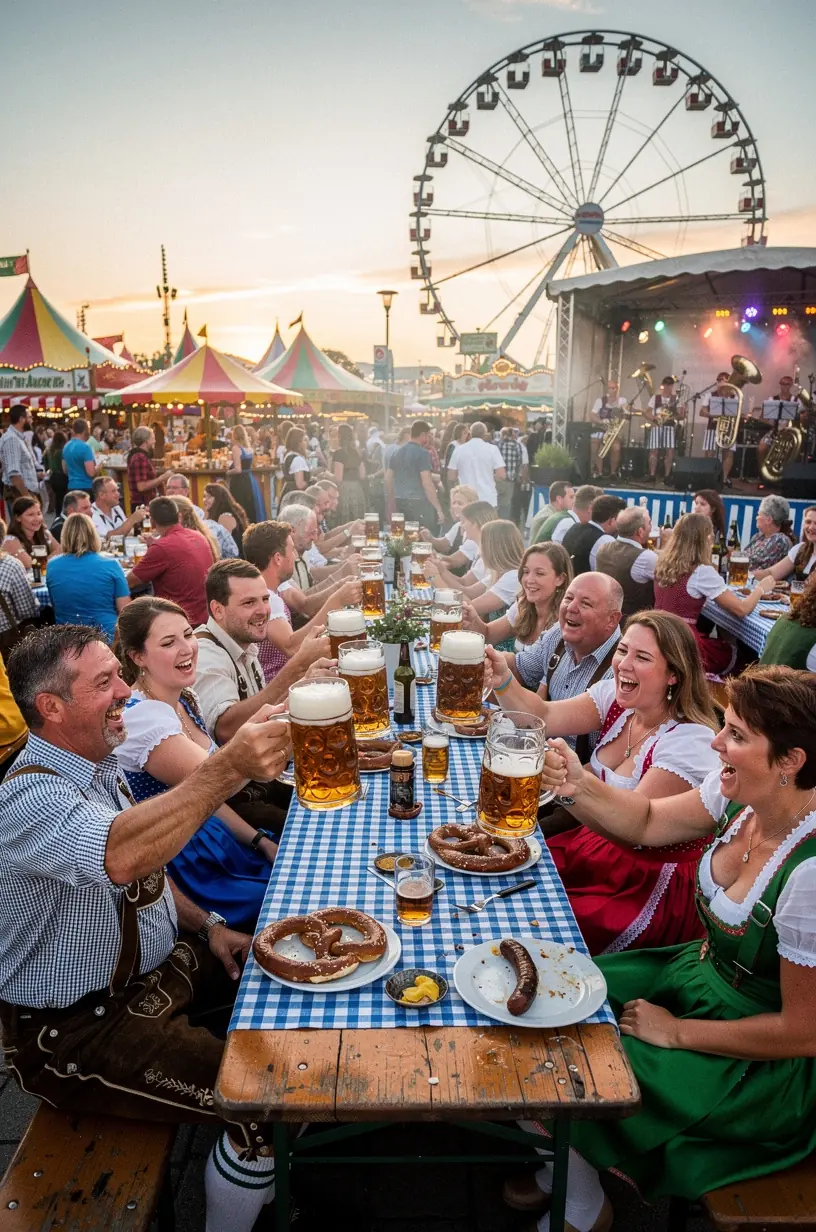 Sommerszene an einem deutschen See mit Sonnenbadenden, Segelbooten und grünen Uferbereichen.